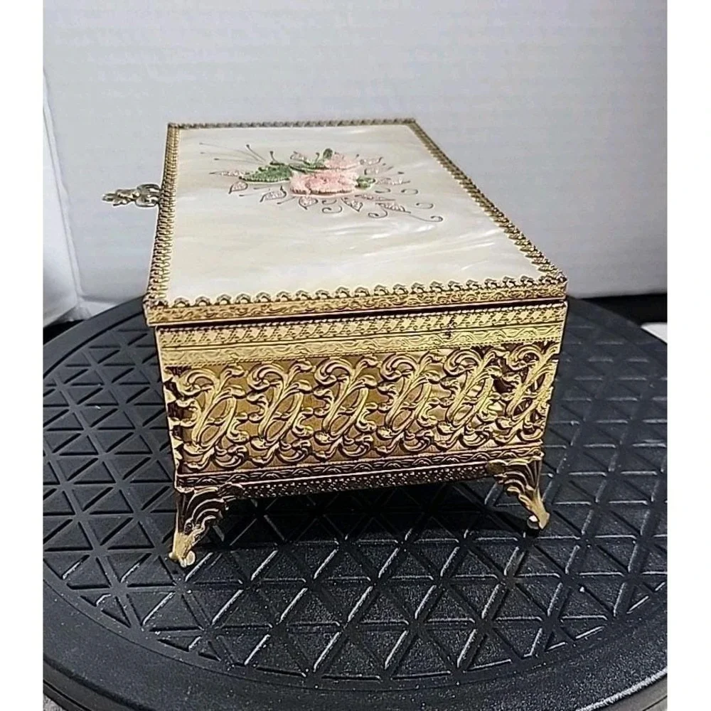 Vintage Art Nouveau Pearl Top Floral Jewelry Trinket Casket Box Filigree